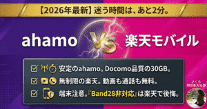 2026年最新版 ahamoと楽天モバイルの比較アイキャッチ画像。20GB超の損益分岐点、海外利用、Band28など後悔しないための判断基準を解説。