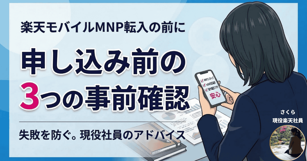 楽天モバイルへMNP転入する前の「3つの事前確認」を解説するアイキャッチ画像