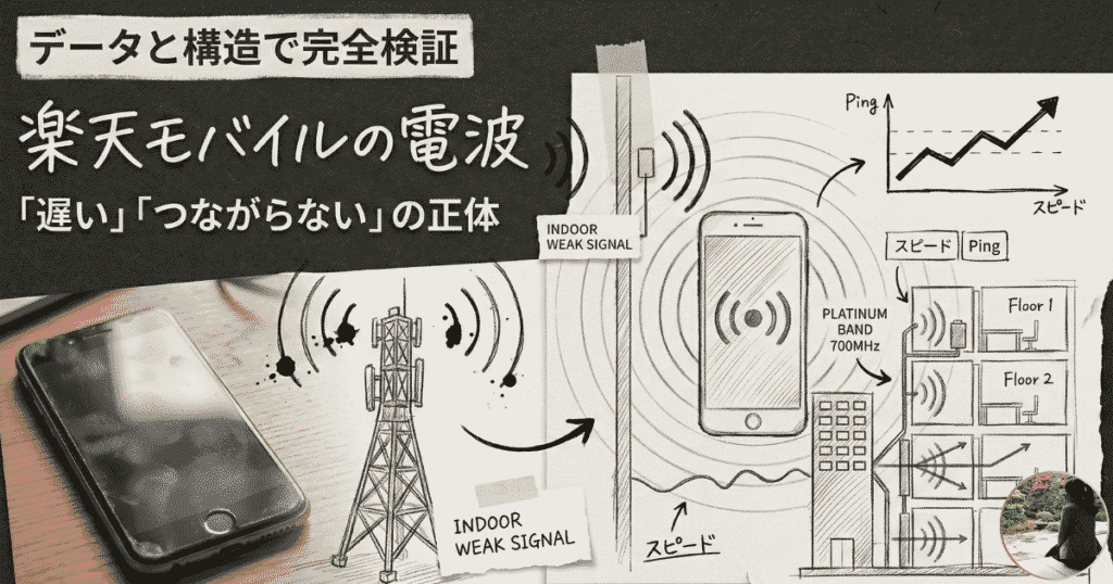 楽天モバイルの電波が「遅い」「つながらない」と言われる理由をデータと構造から論理的に検証した解説画像。スマートフォンの電波イメージ、アンテナ塔、建物内の電波到達図、通信速度の推移グラフで構成されている。