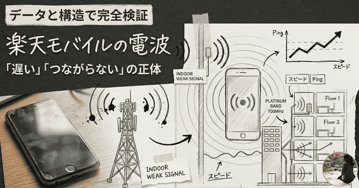 楽天モバイルの電波が「遅い」「つながらない」と言われる理由をデータと構造から論理的に検証した解説画像。スマートフォンの電波イメージ、アンテナ塔、建物内の電波到達図、通信速度の推移グラフで構成されている。